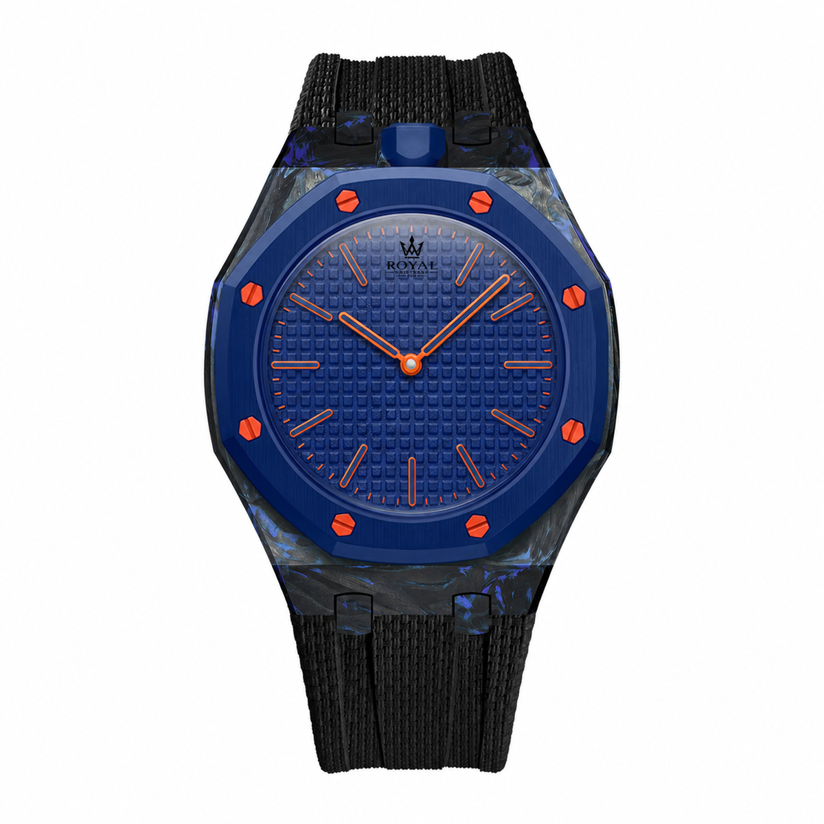 Forged Carbon + FKM Royal Pop wrist adapter — Dark Blue bezel with black strap render. Royal Pop watch sold separately.