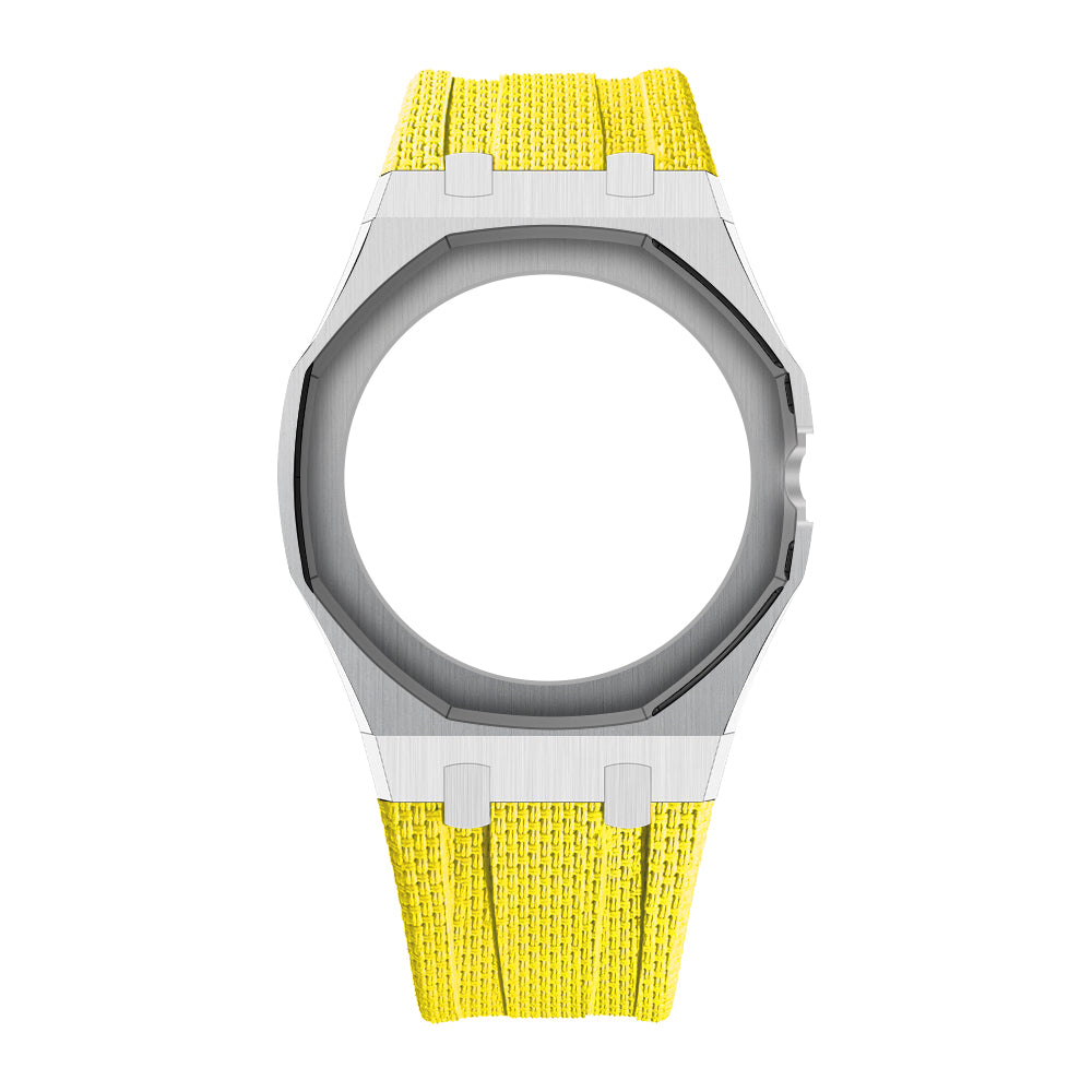 Silver Open-Bezel Metal + FKM Royal Pop wrist adapter — Yellow / 3 o'clock