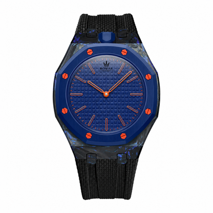 Forged Carbon + FKM Royal Pop wrist adapter — Dark Blue bezel with black strap render. Royal Pop watch sold separately.