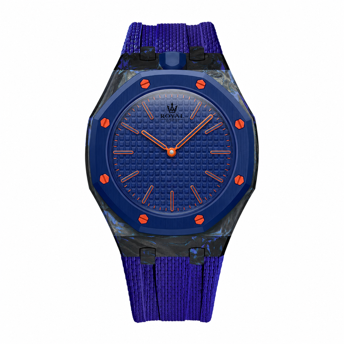 Forged Carbon + FKM Royal Pop wrist adapter — Dark Blue colourway render. Royal Pop watch sold separately.