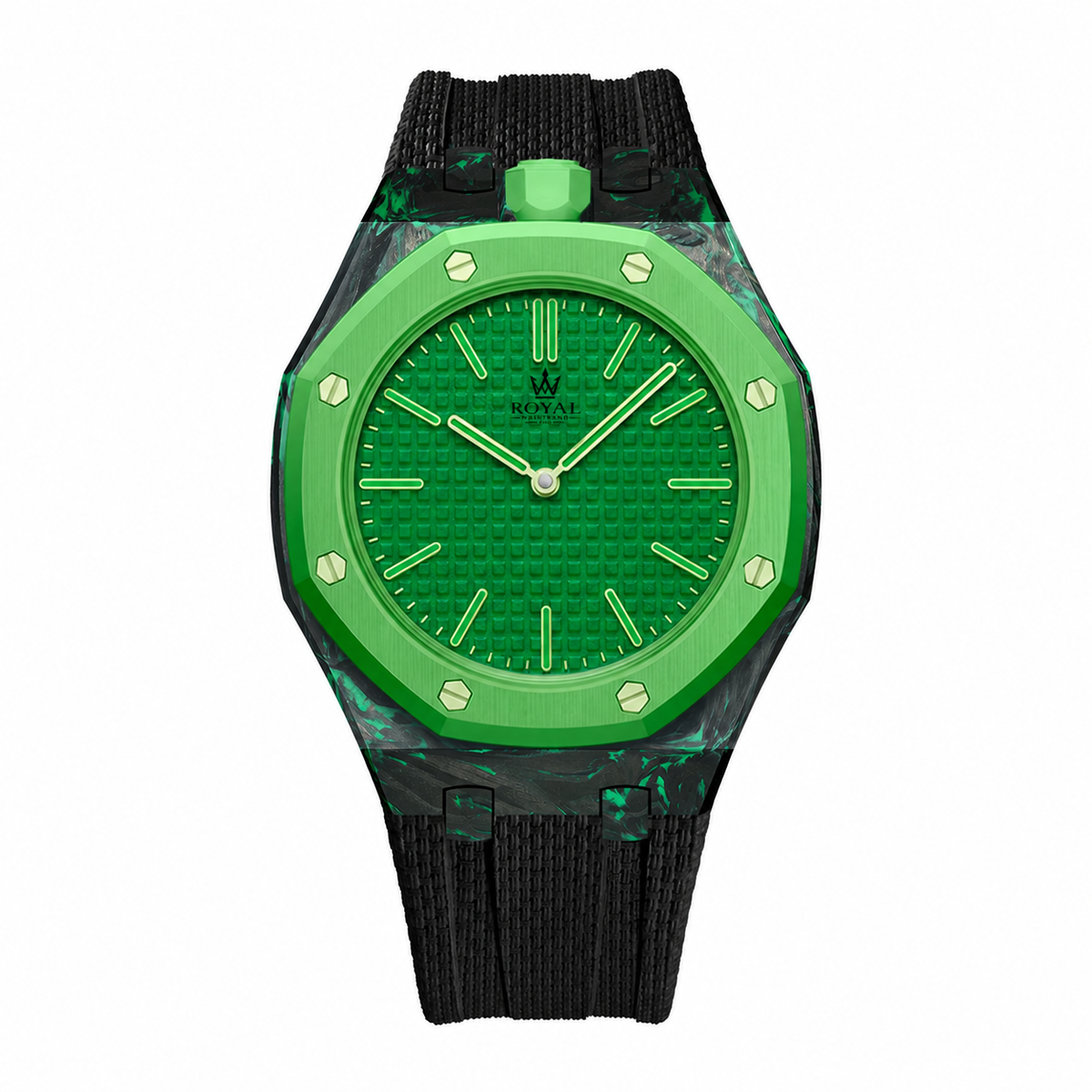 Forged Carbon + FKM Royal Pop wrist adapter — Green bezel with black strap render. Royal Pop watch sold separately.