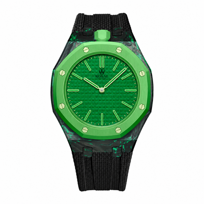 Forged Carbon + FKM Royal Pop wrist adapter — Green bezel with black strap render. Royal Pop watch sold separately.