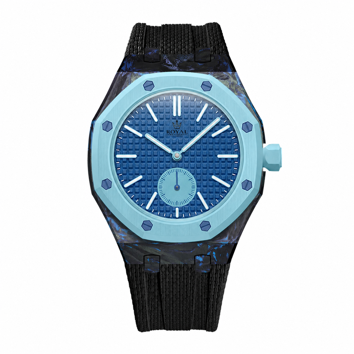 Forged Carbon + FKM Royal Pop wrist adapter — Light Blue bezel with black strap render. Royal Pop watch sold separately.