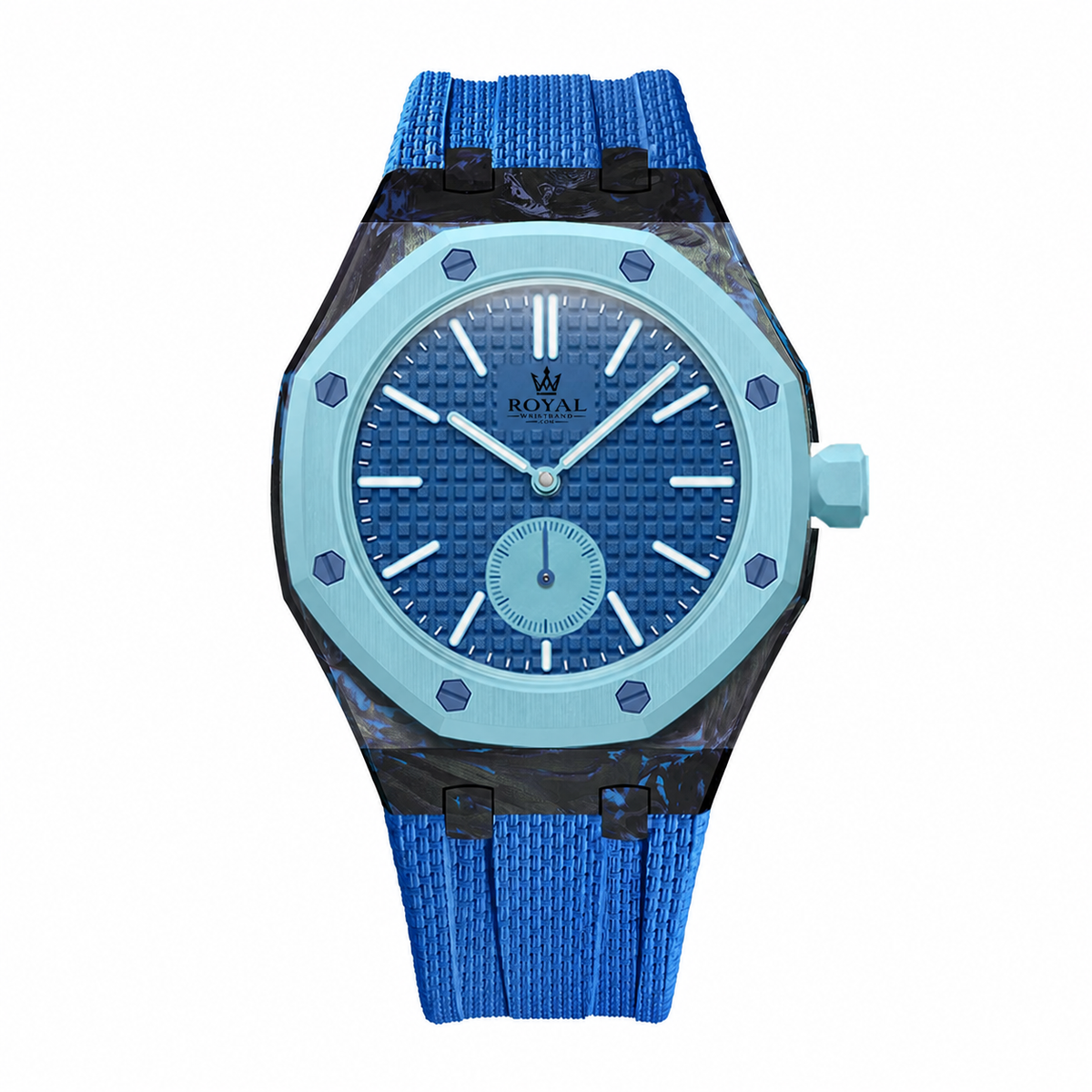 Forged Carbon + FKM Royal Pop wrist adapter — Light Blue colourway render. Royal Pop watch sold separately.