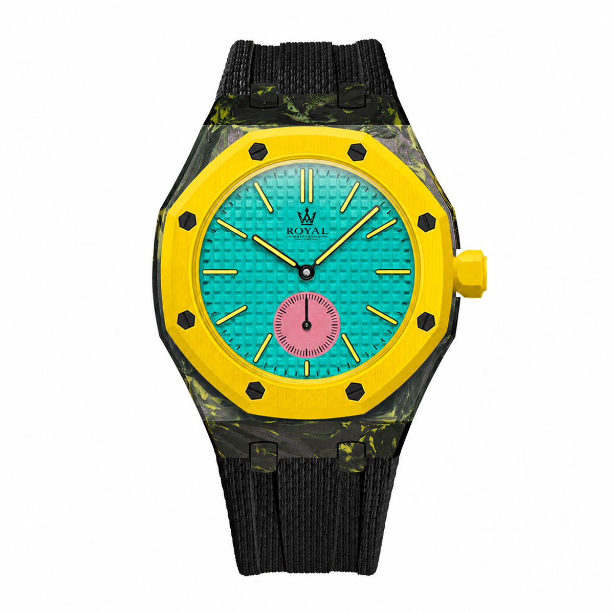 Forged Carbon + FKM Royal Pop wrist adapter — Yellow bezel with black strap render. Royal Pop watch sold separately.