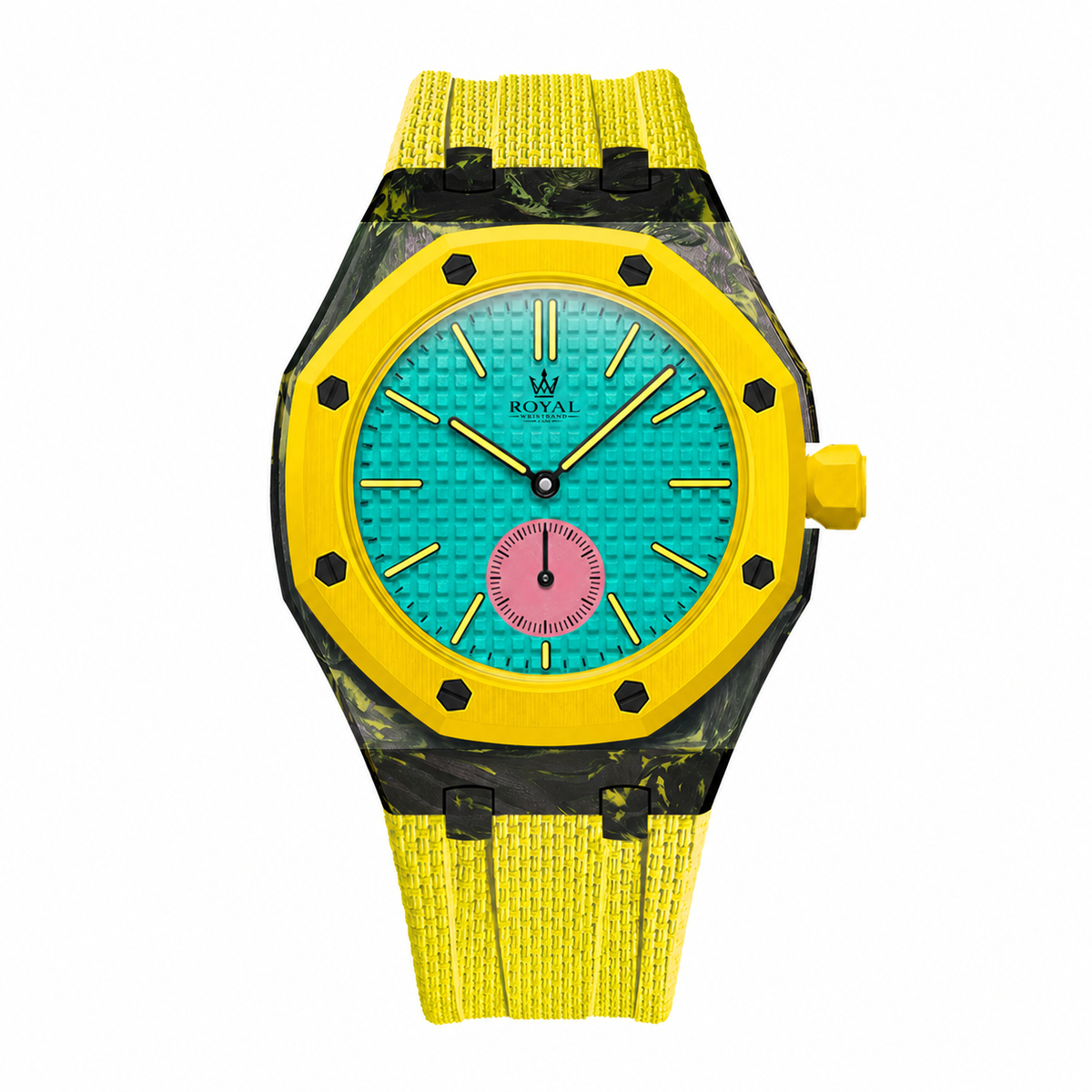 Forged Carbon + FKM Royal Pop wrist adapter — Yellow colourway render. Royal Pop watch sold separately.