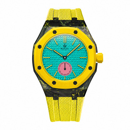 Forged Carbon + FKM Royal Pop wrist adapter — Yellow colourway render. Royal Pop watch sold separately.