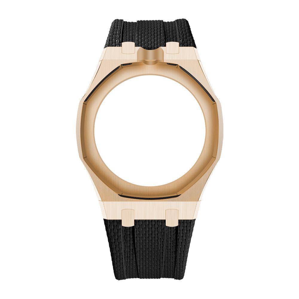 Rose Gold Tone Open-Bezel Metal + FKM Royal Pop wrist adapter — Black / 12 o'clock