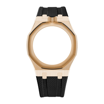 Rose Gold Tone Open-Bezel Metal + FKM Royal Pop wrist adapter — Black / 12 o'clock