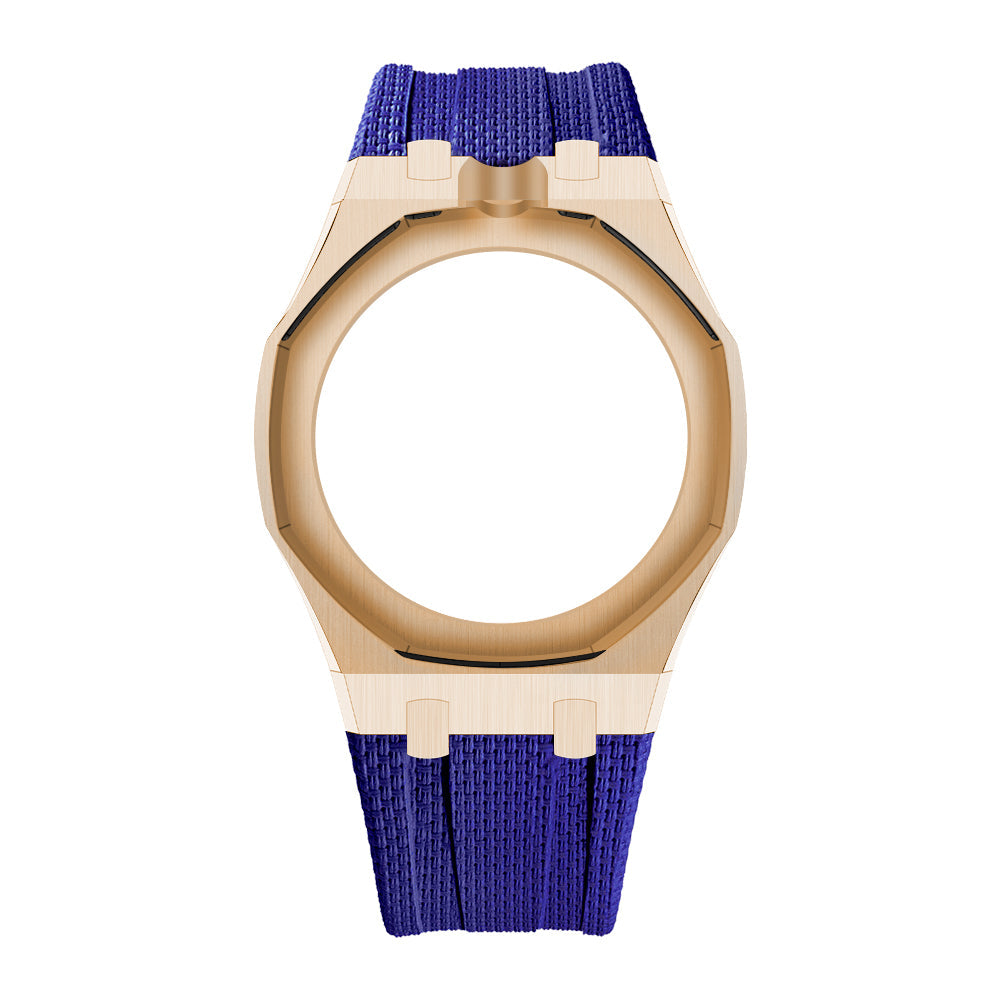 Rose Gold Tone Open-Bezel Metal + FKM Royal Pop wrist adapter — Dark Blue / 12 o'clock