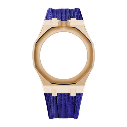 Rose Gold Tone Open-Bezel Metal + FKM Royal Pop wrist adapter — Dark Blue / 12 o'clock