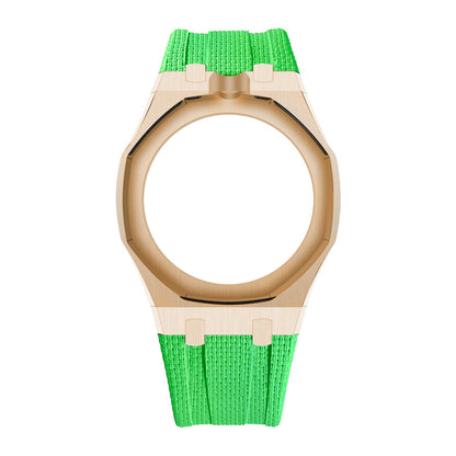 Rose Gold Tone Open-Bezel Metal + FKM Royal Pop wrist adapter — Green / 12 o'clock