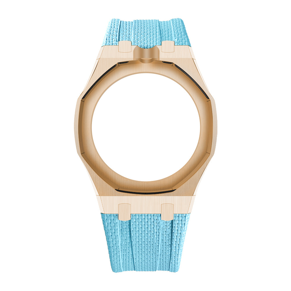 Rose Gold Tone Open-Bezel Metal + FKM Royal Pop wrist adapter — Light Blue / 12 o'clock