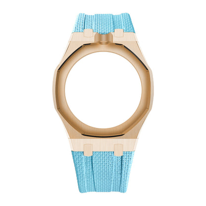 Rose Gold Tone Open-Bezel Metal + FKM Royal Pop wrist adapter — Light Blue / 12 o'clock