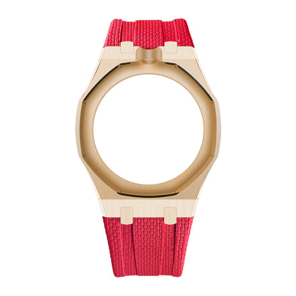 Rose Gold Tone Open-Bezel Metal + FKM Royal Pop wrist adapter — Red / 12 o'clock