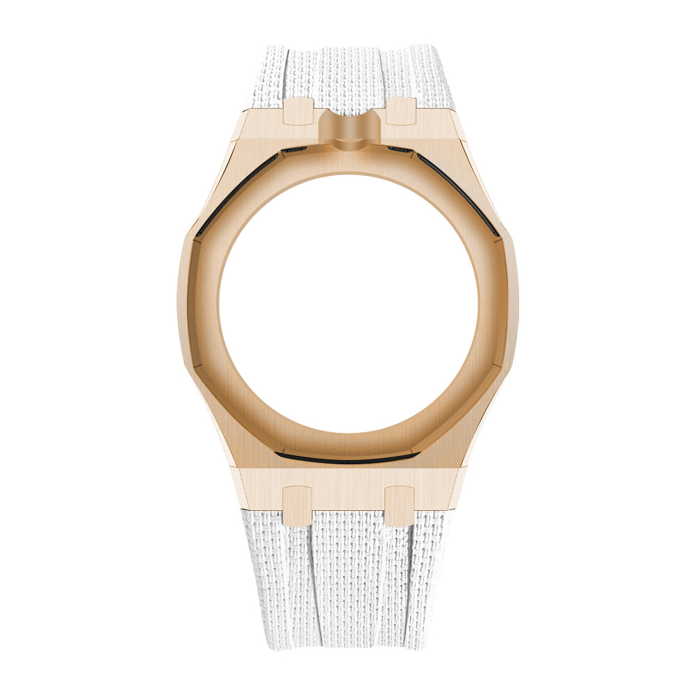 Rose Gold Tone Open-Bezel Metal + FKM Royal Pop wrist adapter — White / 12 o'clock