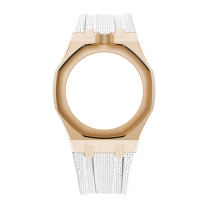 Rose Gold Tone Open-Bezel Metal + FKM Royal Pop wrist adapter — White / 12 o'clock