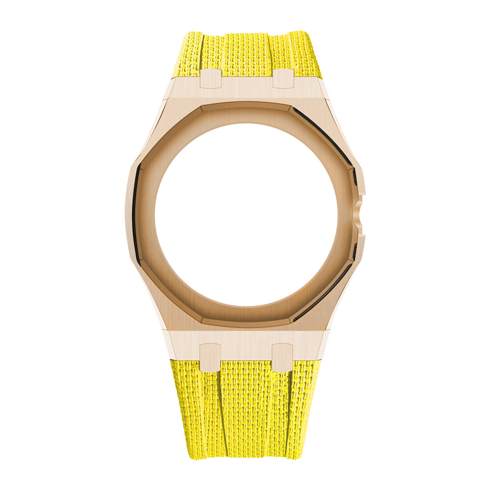 Rose Gold Tone Open-Bezel Metal + FKM Royal Pop wrist adapter — Yellow / 3 o'clock