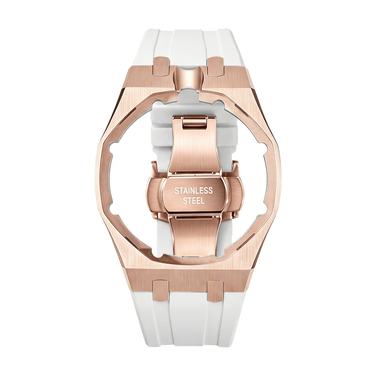 Rose gold steel frame with white sport rubber strap for the Royal Pop pocket watch