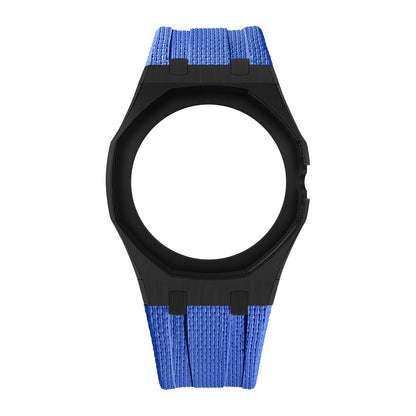 Black Open-Bezel Metal + FKM Royal Pop wrist adapter — Blue / 3 o'clock