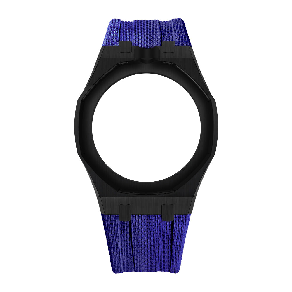 Black Open-Bezel Metal + FKM Royal Pop wrist adapter — Dark Blue / 12 o'clock