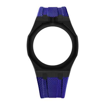 Black Open-Bezel Metal + FKM Royal Pop wrist adapter — Dark Blue / 12 o'clock