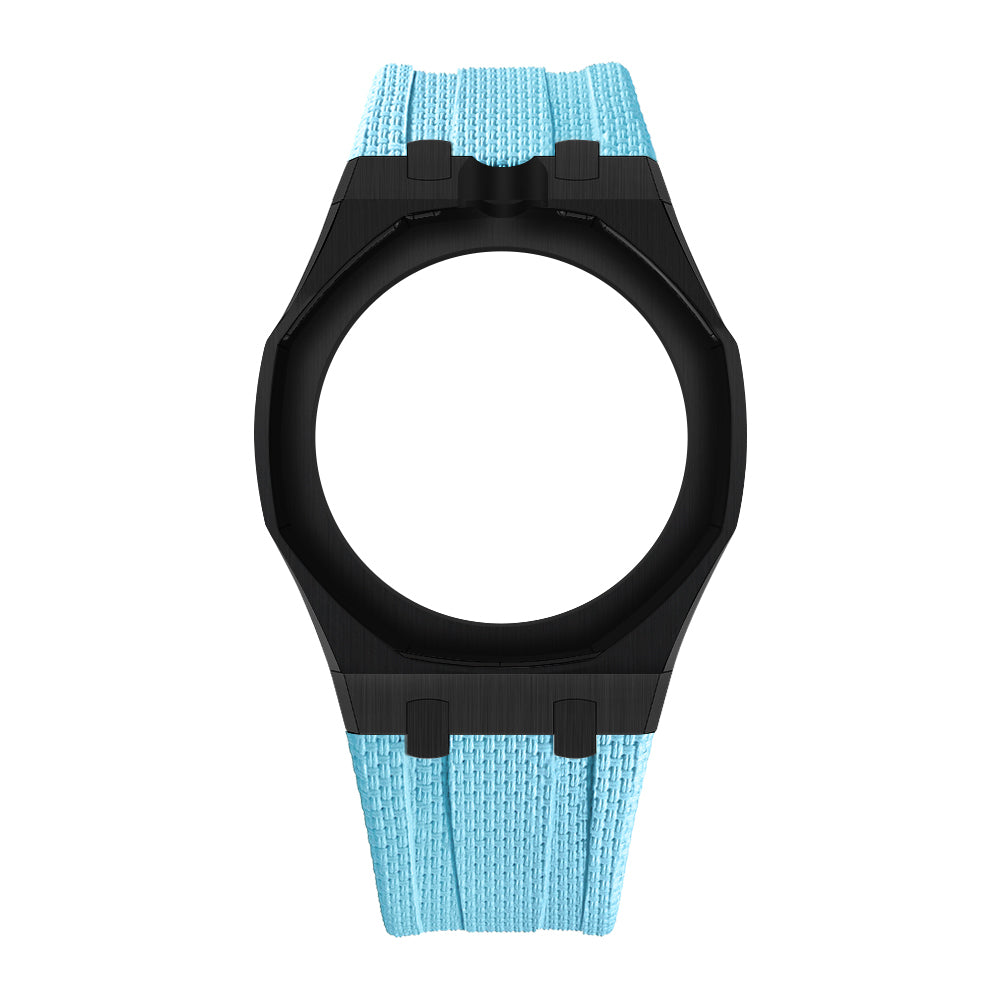 Black Open-Bezel Metal + FKM Royal Pop wrist adapter — Light Blue / 12 o'clock