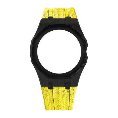 Black Open-Bezel Metal + FKM Royal Pop wrist adapter — Yellow / 3 o'clock