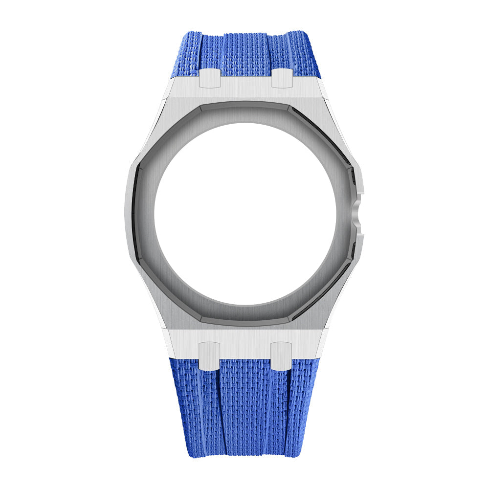 Silver Open-Bezel Metal + FKM Royal Pop wrist adapter — Blue / 3 o'clock