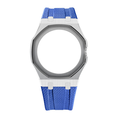 Silver Open-Bezel Metal + FKM Royal Pop wrist adapter — Blue / 3 o'clock