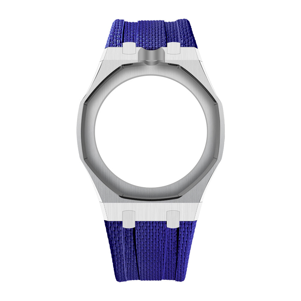 Silver Open-Bezel Metal + FKM Royal Pop wrist adapter — Dark Blue / 12 o'clock