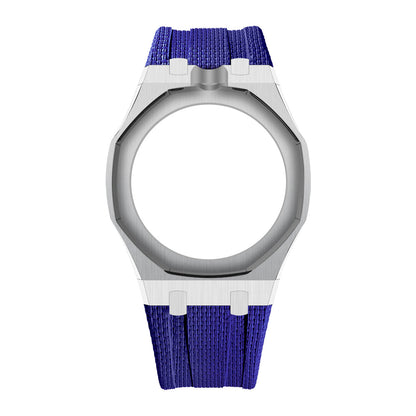 Silver Open-Bezel Metal + FKM Royal Pop wrist adapter — Dark Blue / 12 o'clock