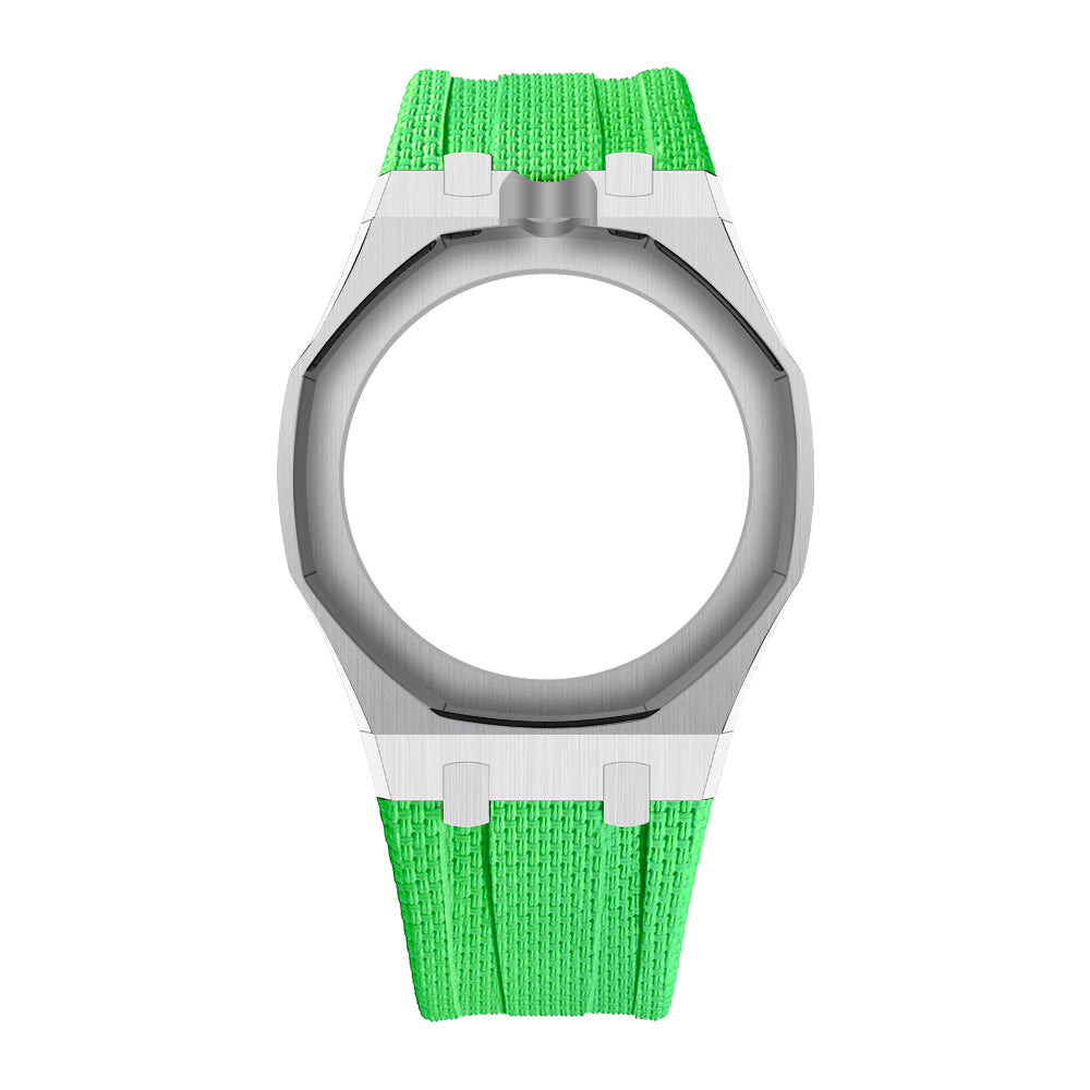 Silver Open-Bezel Metal + FKM Royal Pop wrist adapter — Green / 12 o'clock