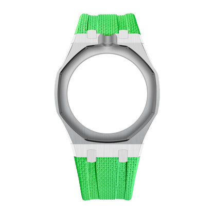 Silver Open-Bezel Metal + FKM Royal Pop wrist adapter — Green / 12 o'clock