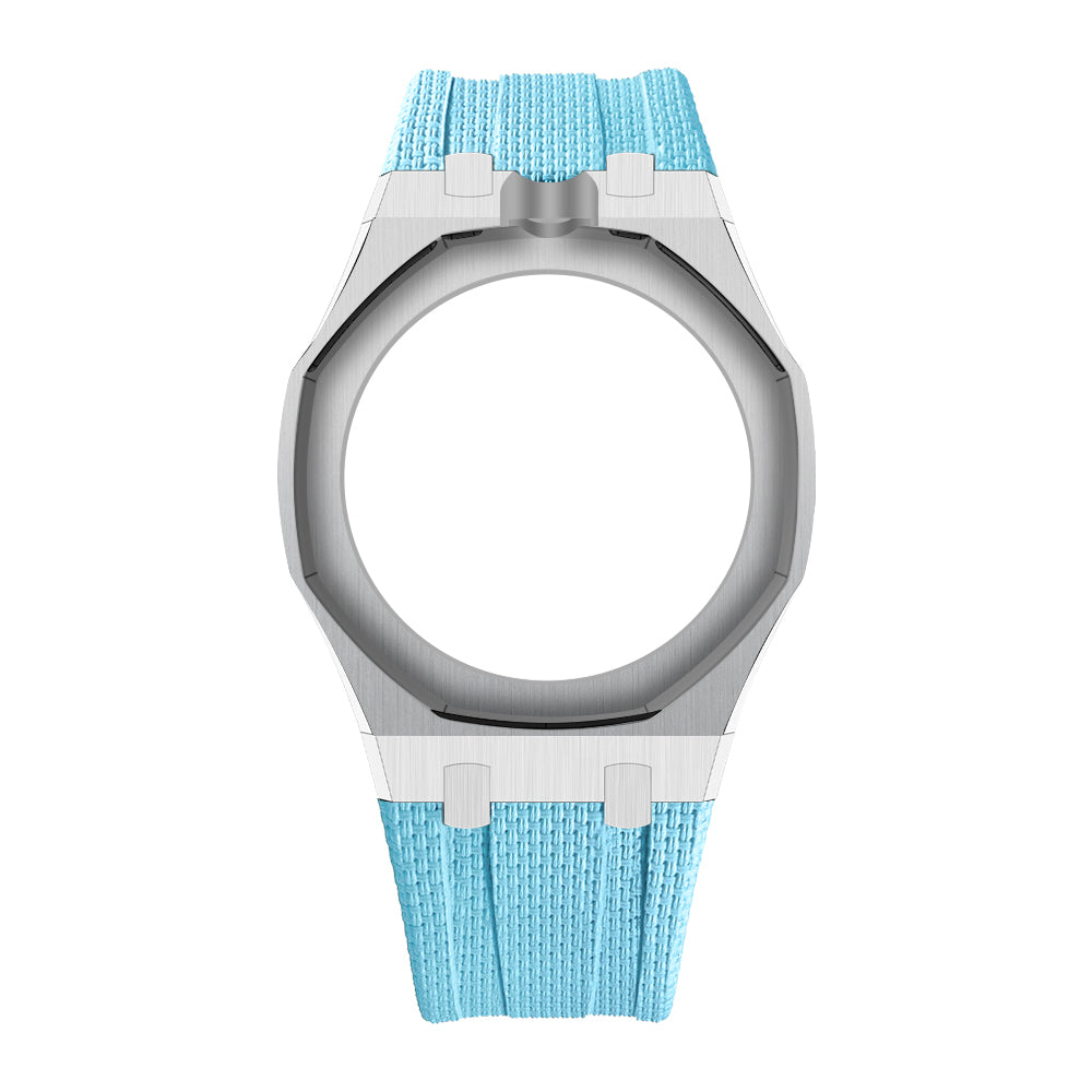 Silver Open-Bezel Metal + FKM Royal Pop wrist adapter — Light Blue / 12 o'clock