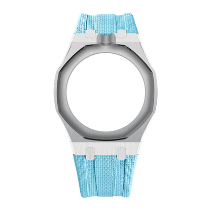 Silver Open-Bezel Metal + FKM Royal Pop wrist adapter — Light Blue / 12 o'clock