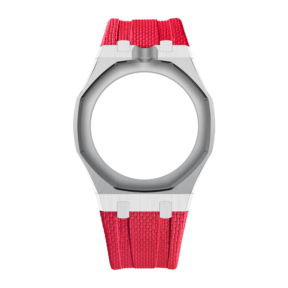 Silver Open-Bezel Metal + FKM Royal Pop wrist adapter — Red / 12 o'clock