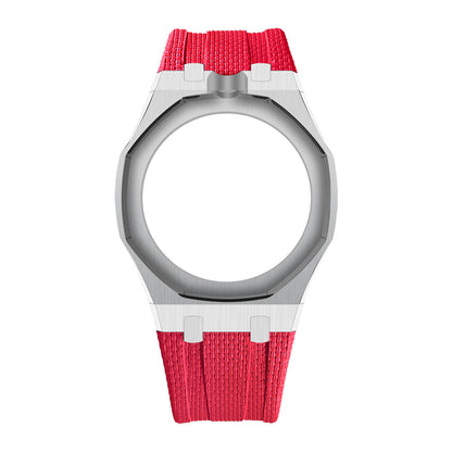 Silver Open-Bezel Metal + FKM Royal Pop wrist adapter — Red / 12 o'clock